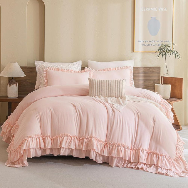 Masaca Shabby Ruffled King Comforter Set,Farmhouse Blush Pink Bedding Comforter Lightweight Ultra Soft Vintage French Country Microfiber Comforter 3pc (1 Ruffle Comforter and 2 Pillowcases)