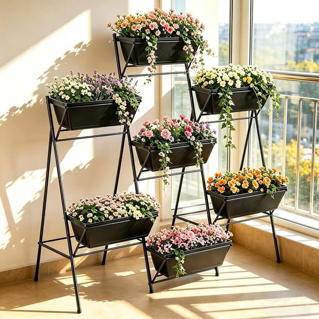 YAHKBTEN Raised Garden Bed Tiered Vertical Garden Planters Outdoor 7 Planter Boxes with Legs Indoor Elevated Herbs Flowers Vegetables Garden Box for Backyard Patio Balcony, Black
