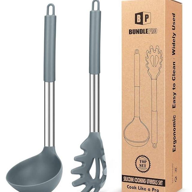 Silicone Pasta Fork and Ladle Spoon Set, Large Non Stick Kitchen Utensils for Cooking,Stirring,Serving Spaghetti, Soup, Sauce