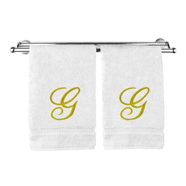 Monogrammed Washcloth Towel, Personalized Gift, 13x13 Inches - Set of 2 - Gold Script Embroidered Towel - Extra Absorbent 100% Turkish Cotton - Soft Terry Finish - Initial G White