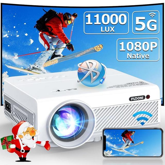 Projector with WiFi and Bluetooth, FUDONI 5G WiFi Native 1080P Outdoor Projector 11000L Support 4K, Portable Movie Projector with Screen and Max 300", for iOS/Android/Laptop/TV Stick/HDMI/USB/VGA/TF