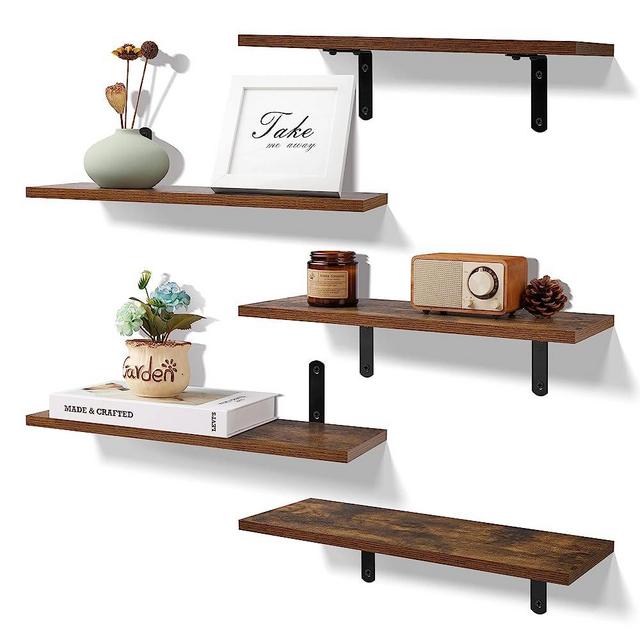upsimples Floating Shelves for Wall Decor Storage, Wall Mounted Shelves Set of 5, Sturdy Small Wood Shelves with Metal Brackets Hanging for Bedroom, Living Room, Bathroom, Kitchen, Book, Dark Brown