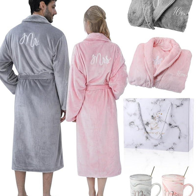 4 Pcs His and Hers Robes & Coffee Mugs Set, Mr and Mrs Bathrobes Flannel Embroidered Matching Robes Wedding Engagement Gifts