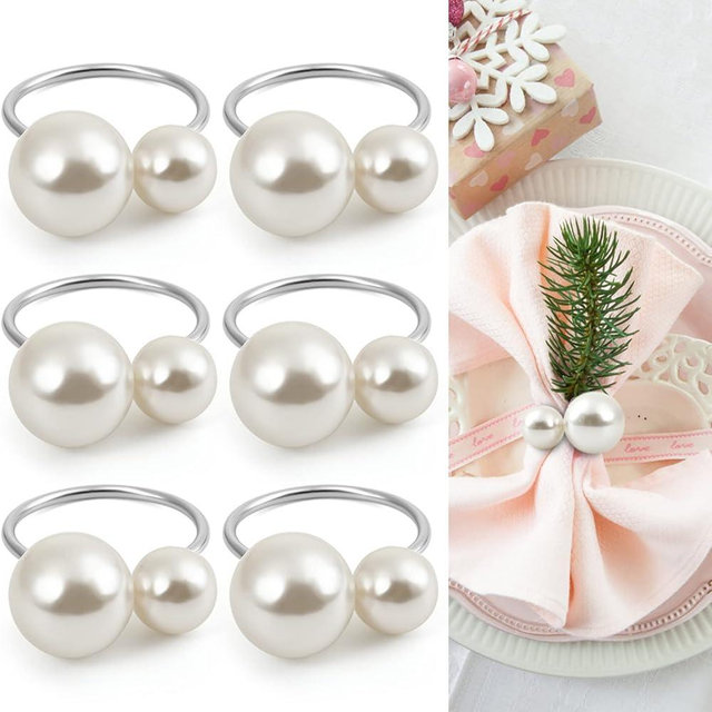 KESOTE Pearl Napkin Rings Set of 6, Silver Napkin Rings Holders for Formal or Casual Dinning Table Decor
