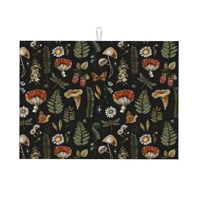 Dish Drying Mat Vintage Mushroom Leaf Forest for Kitchen Counter Absorbent Dishes Drainer Microfiber Large 18x24 Inch