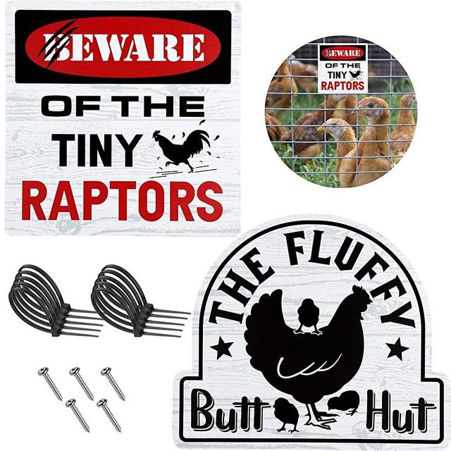 2 Sets Chicken Coop Signs Aluminum Chicken Coop Accessories The Fluffy Butt Hut Yard Signs Beware of Tiny Raptors Funny Signs for Farm Rooster Hen House Decoration, 12 x 8 Inches