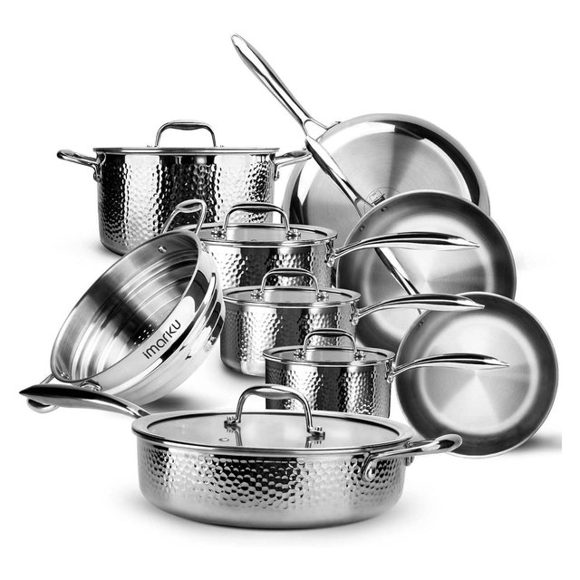 imarku Pots and Pans Set, 14PCS Kitchen Cookware Sets Tri-Ply Clad Stainless Steel with Hangered Handle and Lids, Suits Ceramic and Induction