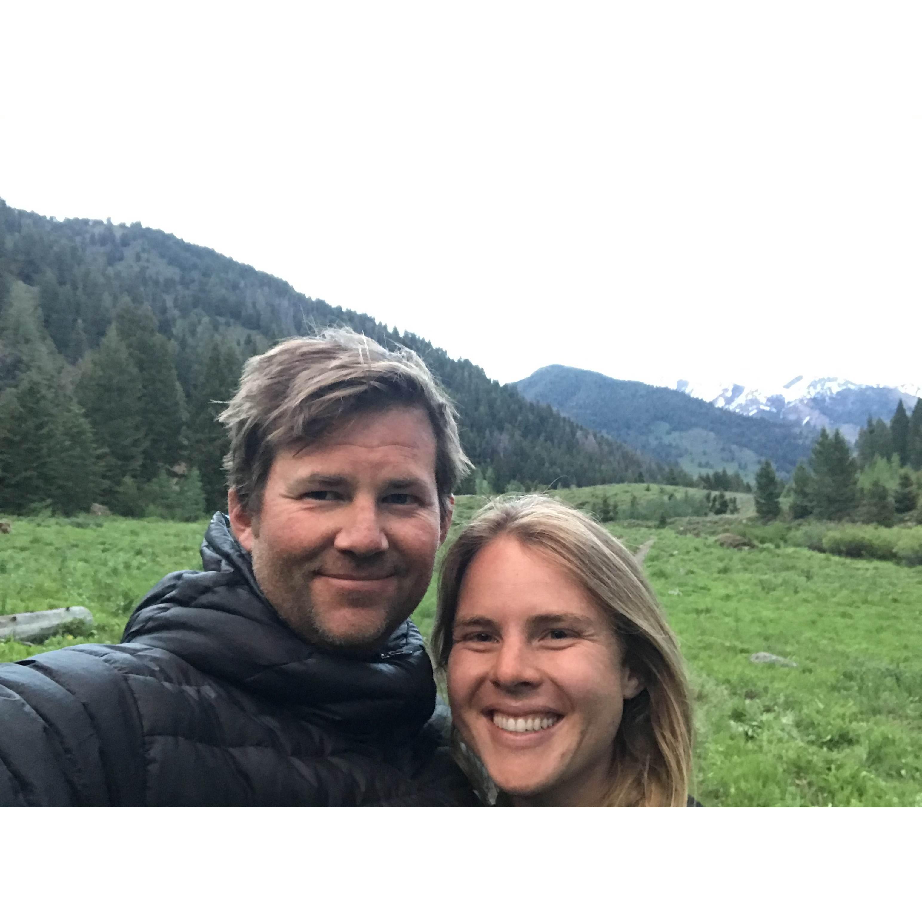 Our first photo together! We had just run away from a boss I was working for, said "I love you" on the patio of a brewery in Ketchum, and ran away to the woods
