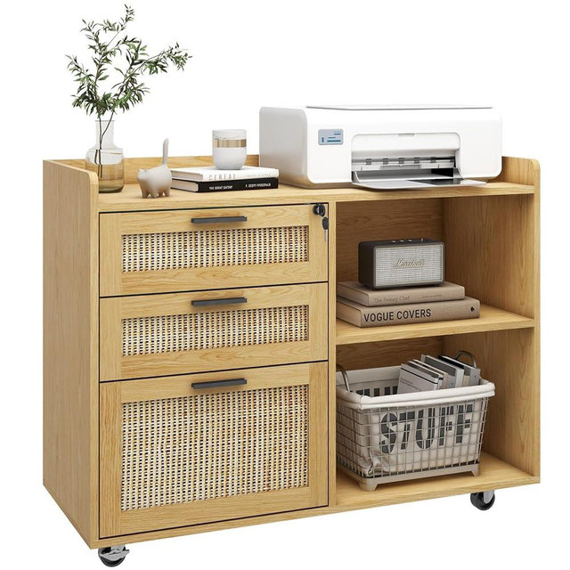 3 Drawer Mobile File Cabinet, Wood Lateral Filing Cabinet with Lock Printer Stand with Open Shelves for Home Office Lateral File Cabinet for Hanging Files Letter/A4/Legal Size
