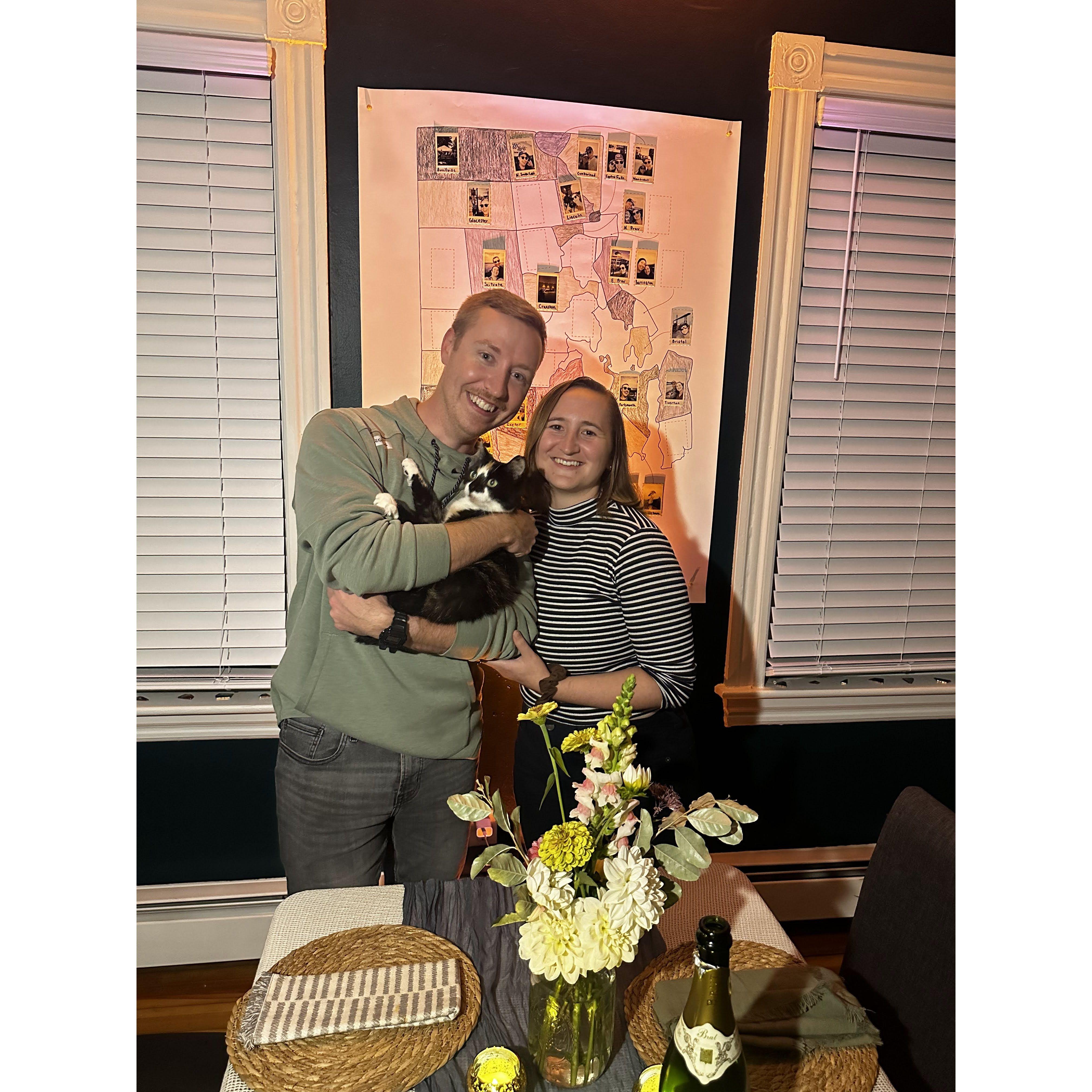 Pictured in our home, the night of our engagement. Our friends threw a beautiful surprise dinner party!
