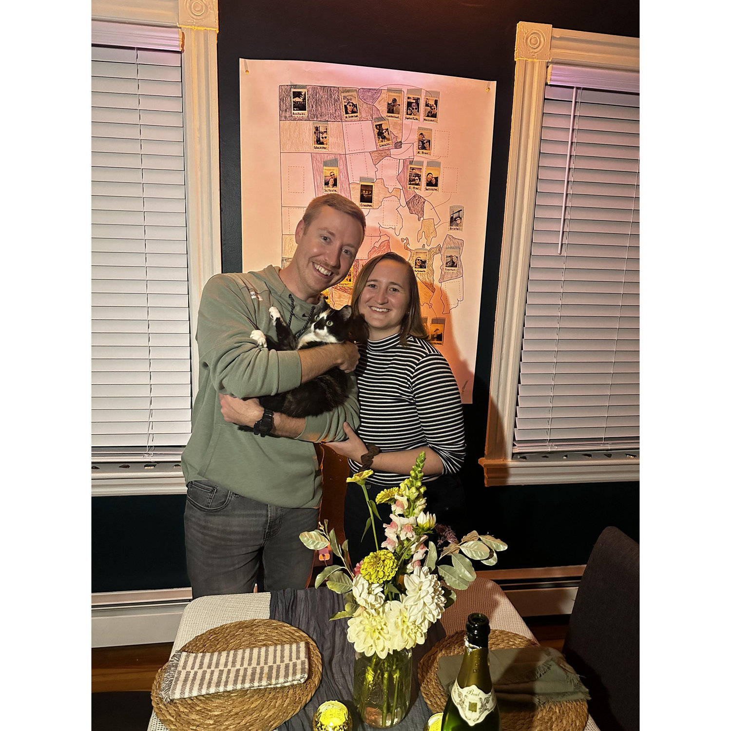 Pictured in our home, the night of our engagement. Our friends threw a beautiful surprise dinner party!