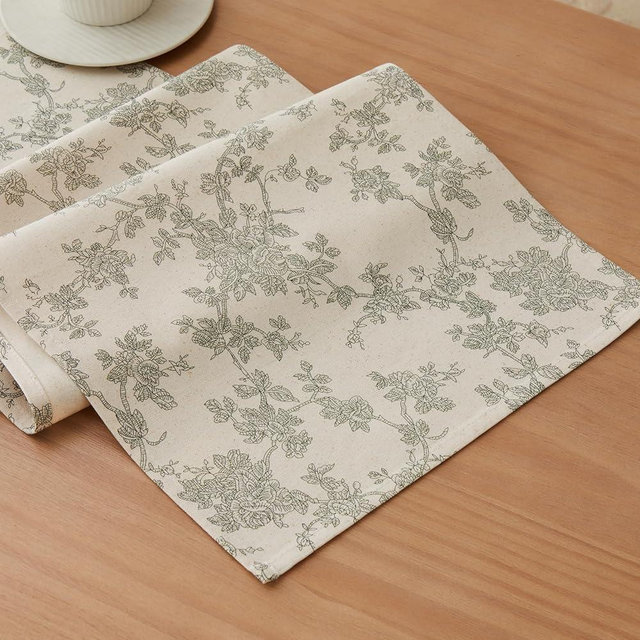 YZJZEDS 100% Cotton French Pastoral Table Runners, 13x60 Inch Green Farmhouse Table Runners 60 Inches Long, Vintage Flowers Print Home Decors