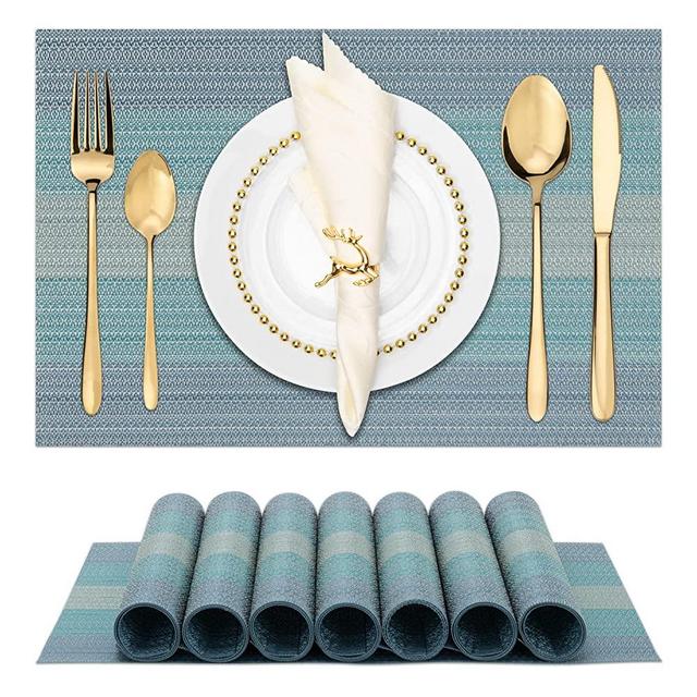 Winknowl Placemats, Set of 8 Heat Resistant Stain Resistant Non-Slip Woven Vinyl Insulation Placemats, Durable Elegant Table Mats for Dining(Blue)