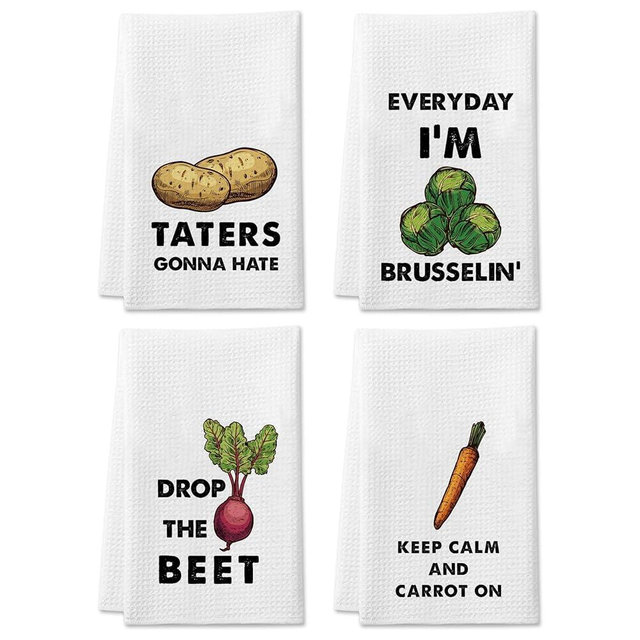 DETIHO Funny Veggie Kitchen Towels, Set of 4 Dish Towels for Washing Drying Dishes, Decorative Hand Tea Towels for Housewarming (A04)