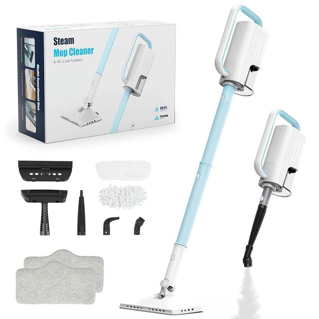 Steam Cleaner, 6 in1 Rotated Steam Mop Cleaner with 2 Modes, 2 Microfiber Pads, 400ML Removable Tank, 23FT Power Cable, Detachable Steam Mops for Floor, Laminate Floor, Tiles Cleaning (Ice Blue)