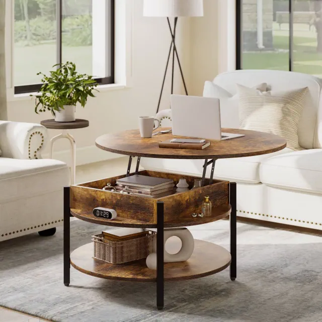 WOWLIVE 27"W Lift-Top Wood Coffee Table, Small Round Cocktail Table with Storage and Hidden Compartment for Living Room