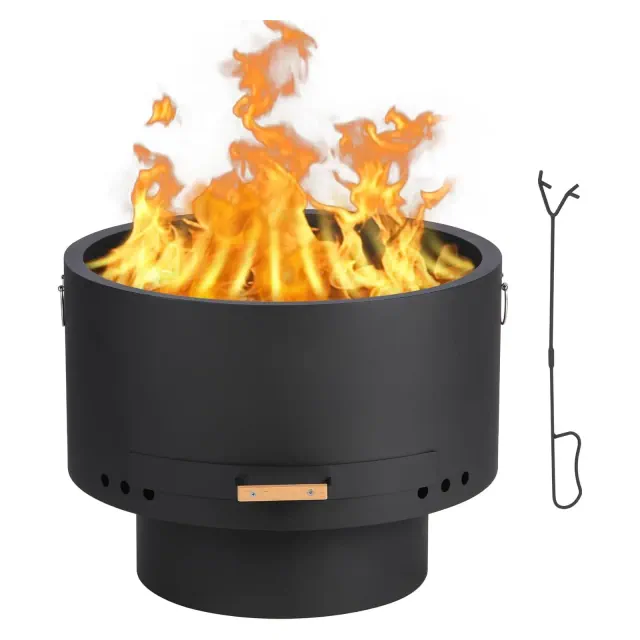 Garvee 26 Inch Smokeless Fire Pit, Outdoor Firepit Table with Removable Ash Pan, Bamboo Lid, Portable Firepit for Backyard, Camping, Picnic, Black
