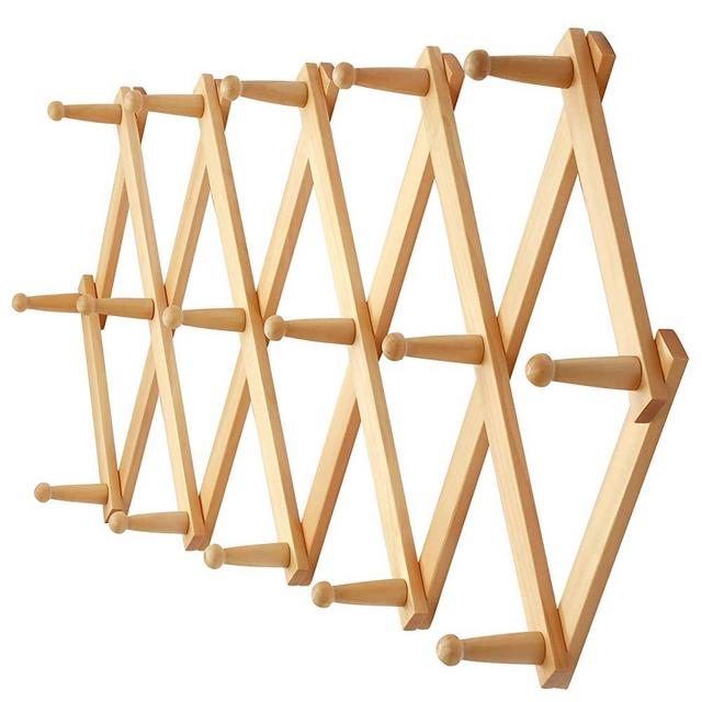 Dseap Accordian Wall Hanger: 16” High Wooden Wall Expandable Coat Rack, Hat Rack Holder, Accordion Hook for Baseball Caps, Coats, Mugs, 16 Peg Hooks, Natural