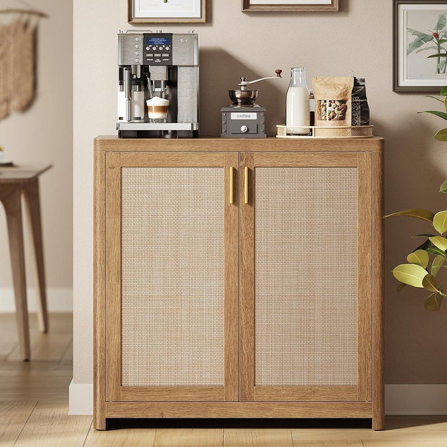 VASAGLE ELLAN Collection - Boho Buffet Cabinet with Rattan-Look Doors, Sideboard Storage Cabinet, Rounded Corners, Adjustable Shelf, for Kitchen Dining Room, Natural Brown UBBK345KC01