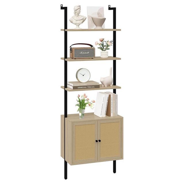 Yusong 73" Tall Bookshelf with Cabinet, Industrial Ladder Wall Mount Shelf Rattan Bookcase with Wood and Metal Frame, Plant Shelf Wall Storage Display for Living Room Bedroom,Light Ivory Brown