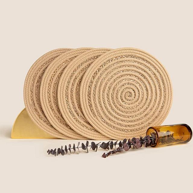 PROJECT DLIGHT Round Woven Placemats – 13.2 Inch Boho Round Woven Wicker Cotton Placemats Set of 4 for Kitchen Dining Table