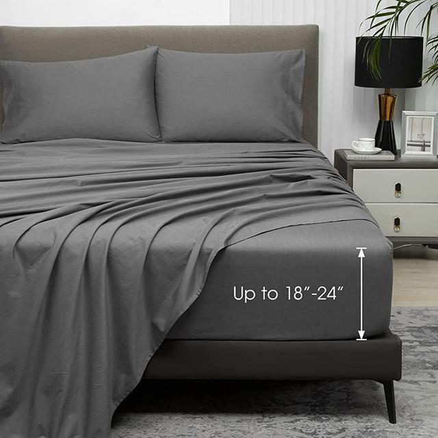 HYPREST Extra Deep Pocket Queen Sheet Sets Fits 18"-24" in Deep Mattress -100% Cotton Queen Sheet Set 400 Thread Count,Grey Hotel Luxury Soft Wrinkle Free Cooling Sheet Sets for Queen Bed Deep Pocket