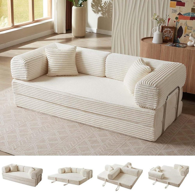 81 Inch Convertible Folding Sleeper Sofa Bed, Fold Out Floor Sofa Couch with Fixed-Shape Frame, Cloud Corduroy Foldable Mattress Couch for Living Room Bedroom (81" Corduroy, Off White)