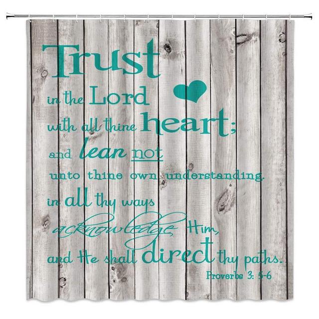 Inspirational Quote Shower Curtain Trust in The Lord with All Thine Heart Motivational Words on Rustic Vintage Wooden Fabric Bathroom Decor Curtain with 12 Hooks，70x70 Inch，Teal Grey