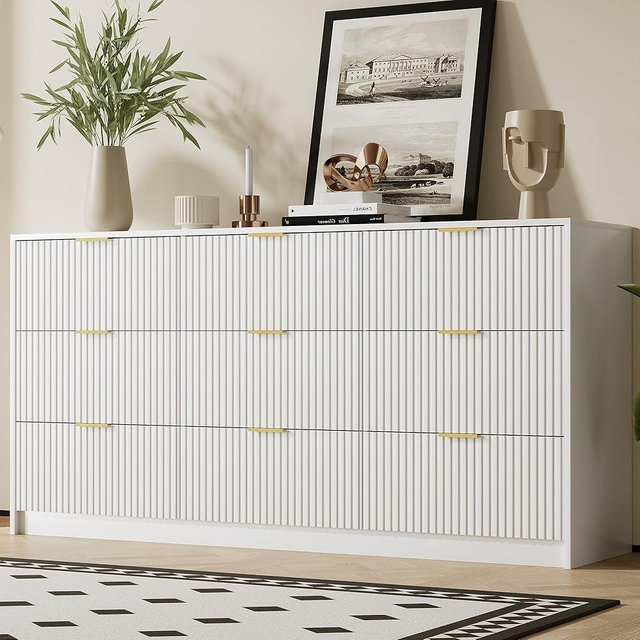 Furniway White Dresser for Bedroom, Modern 9 Drawer Dresser with Smooth Slides and Gold Handles, Wide Bedroom Chest for Living Room, Closet, 63" W x 15.7" D x 31.5" H