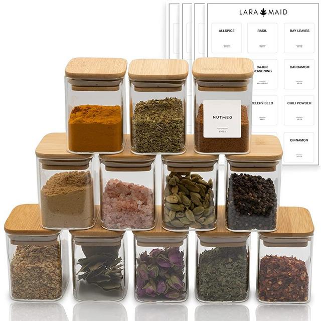 Laramaid Glass Jars Set, Square Spice Jars with Bamboo Lids and Customized Labels, 7oz 12Packs Small Food Storage Containers for Home Kitchen, Spice, Herbs, Seasoning, Seed, Tea, Sugar, Salt