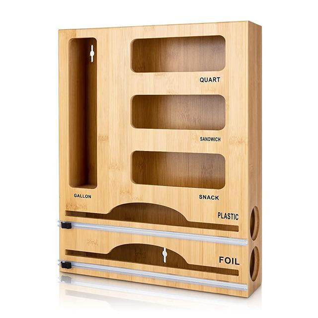 Jitner 6 in 1 Bamboo Ziplock Bag Organizer with Foil and Plastic Wrap Organizer , Aluminum Foil Dispenser with Cutter, Ziplock Bag Storage Organizer Suitable for Gallon, Quart, Sandwich, Snack