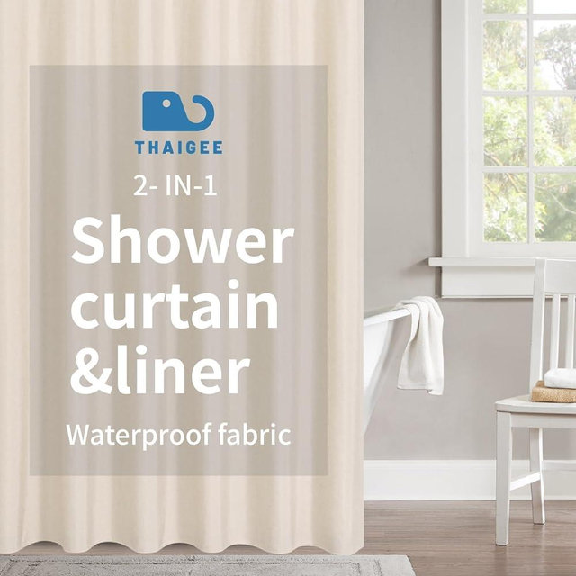 THAIGEE 2-in-1 Waterproof Fabric Shower Curtain or Liner,Linen Textured,Breathable TPU & Washable Bathroom Shower Curtain Set with 12 Plastic Hooks,Modern,72"x72" Cream