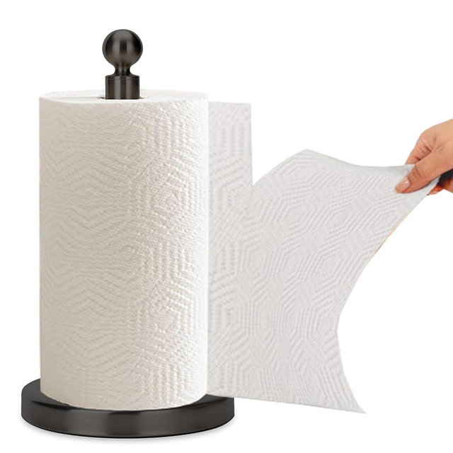 Kalitro Paper Towel Holder Countertop, Standing Paper Towel Roll Holder for Kitchen Bathroom, with Weighted Base for One-Handed Operation, No Wobbly (Stainless Steel Base, Black)