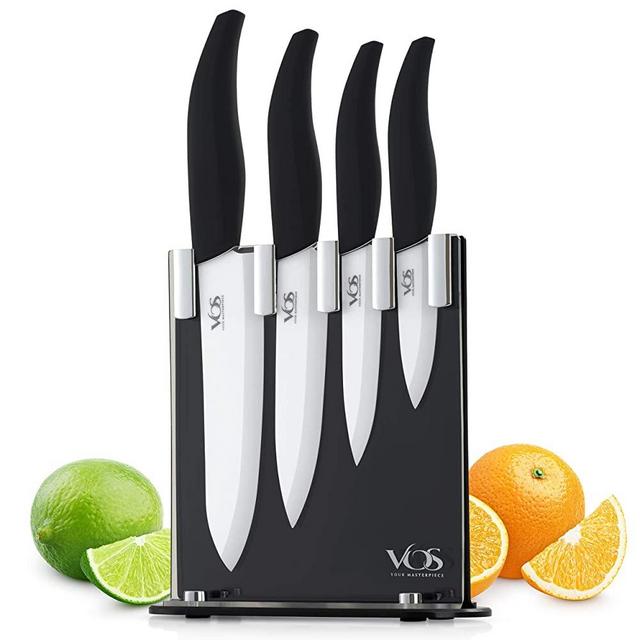 Vos Ceramic Knife Set with Knife Block Holder - 4 Piece Knife Set - Chef Knife, Utility Knife, Paring Knife and Multi-Purpose Knife - Lightweight Sharp Knives with Black Handle - Elegant Gift Box