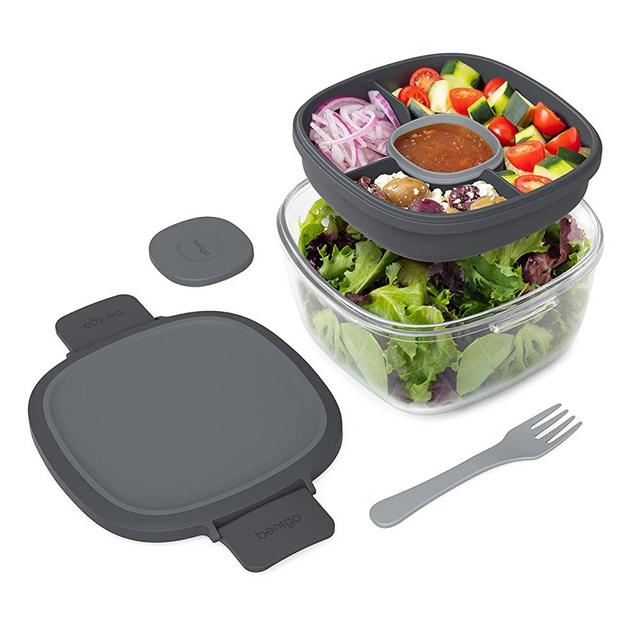 Bentgo Glass - Leak-Proof Salad Container with Large Salad Bowl, 4-Compartment Bento-Style Tray for Toppings, 3-oz Sauce Container for Dressings, and Built-In Reusable Fork (Dark Gray)