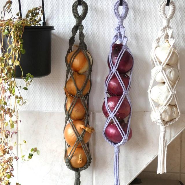 Macrame Onion Net, Condiment Kitchen Storage, Wall Decor and Wall Storage, Hanging Storage, Bohemian Style, white natural green gift idea