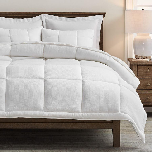 White Belgian Flax Linen Waffle Comforter, Full/Queen