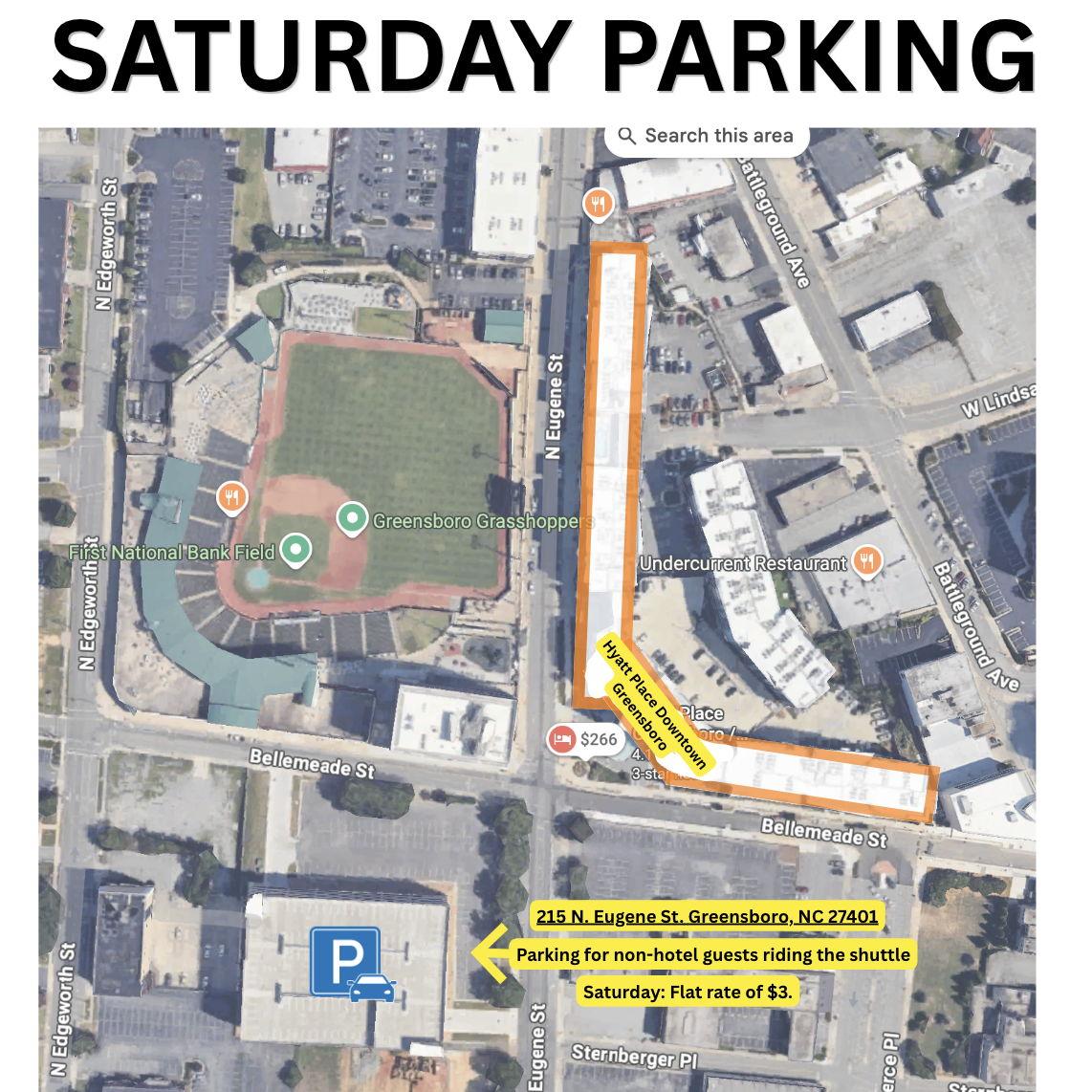 If you are riding the shuttle, but are not staying at the Hyatt Hotel, here is parking information referenced in the 'Travel' tab.