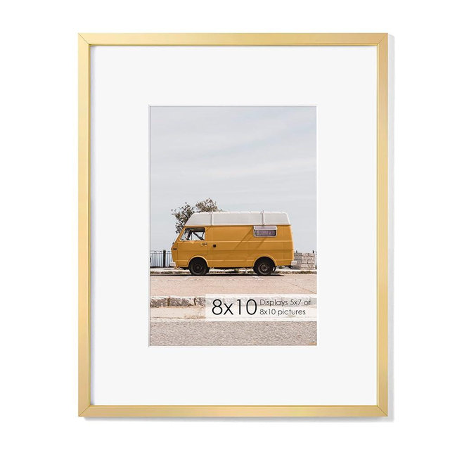 Fun Memories 8x10 Inch Metal Picture Frame - Aluminum Photo Frames - 5x7 Mat - Ideal for Wall or Tabletop Display - Wall Hook Hanging Hardware Included - Gold - Set of 1