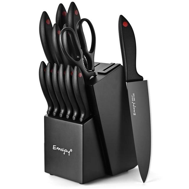 Emojoy 15Pcs Kitchen Knife Set with Block and Built-in Sharpener, Stainless Steel Knife Block Set, Dishwasher Safe, Black