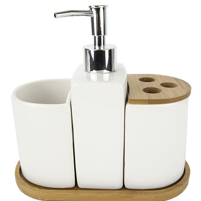 Home Basics Ceramic Bamboo WH 4PC Bath Set, White
