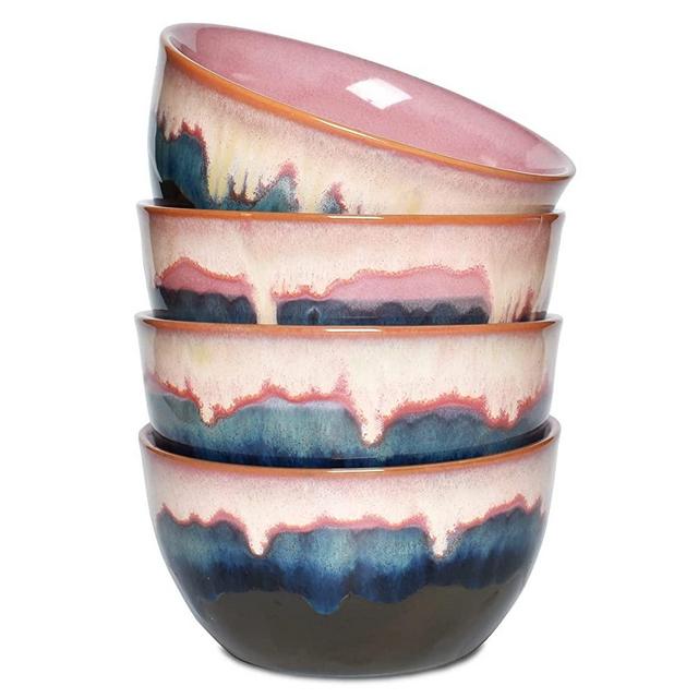 Bosmarlin Stoneware Cereal Bowls Set of 4, 26 Oz, Pink Soup Bowls for Oatmeal, Salad, Dishwasher and Microwave Safe, Reactive Glaze (26 Oz, Pink)