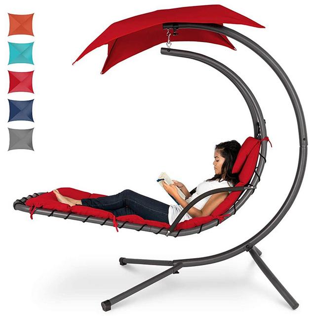 Best Choice Products Outdoor Hanging Curved Steel Chaise Lounge Chair Swing w/Built-in Pillow and Removable Canopy -Red
