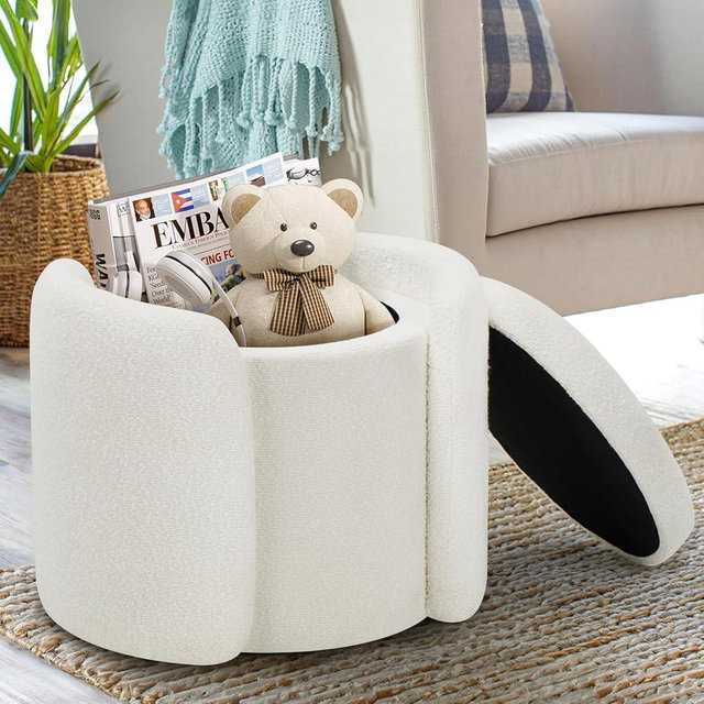 COLAMY Round Storage Ottoman, Soft Footrest Stool for Living Room, Bedroom, Durable Accent Ottoman with Storage, Classic Cream