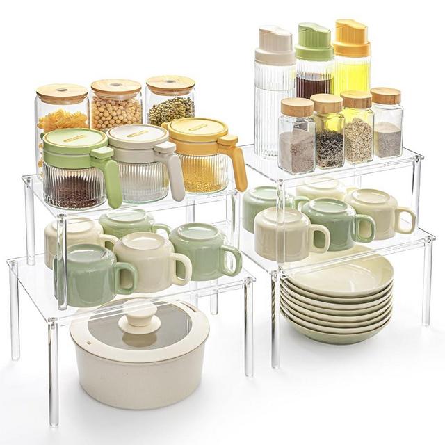 Bobomoment Acrylic Cabinet Organizer, Set of 4 Spice Rack Organizer for Cabinet, Desk Countertop Shelf Organizer, Pantry Kitchen Storage and Organization, Stackable Shelves House Essentials for Gift