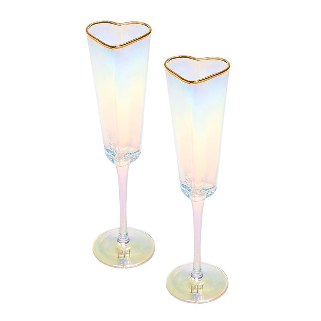 Paris Hilton Heart Shaped Champagne Flute Gift Set, Elegant Handmade Glassware Set, Perfect for Celebrations, Weddings or any Special Occasion, 2-Piece Set, 5.5-Ounce, Iridescent with Gold Rim