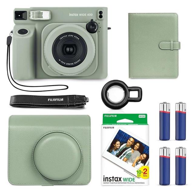 Fujifilm Instax Wide 400 Instant Camera (Sage Green) + INSTAX Wide Film (20 Exposures) + Shutter Accessories Bundle – Carrying Case, 80-Pocket Green Photo Album