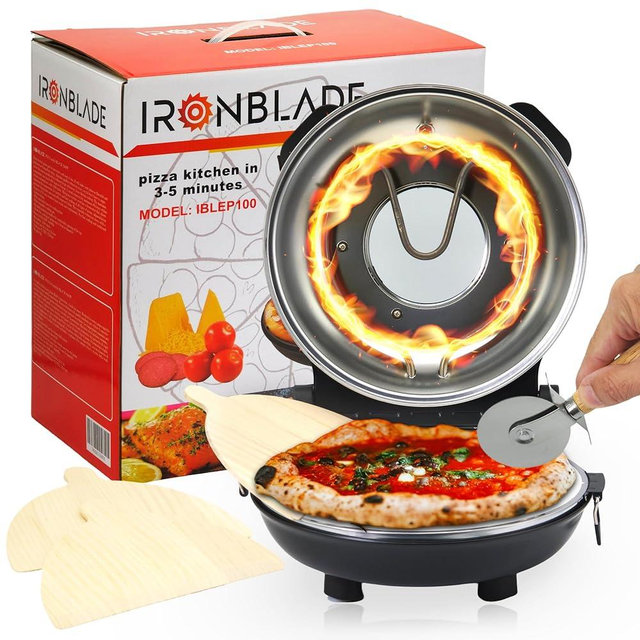 EMB Ironblade Series IBLEP100 Electric Indoor Pizza Oven – Heats Up to 800°F, 12” Stone-Baked Pizza, Adjustable Heat Control, Countertop Design for Perfect Homemade Pizza, Easy Clean, 3-Prong Plug