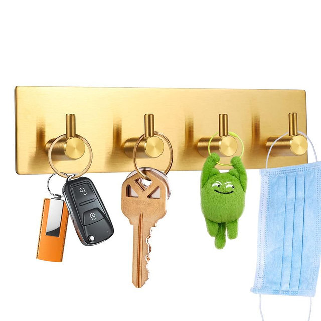 Picowe Key Holder for Wall Decorative, Adhesive Stainless Steel Key Hooks, Key Hanger Key Organizer for Wall, Towel Hook Coat Hanger for Kitchen Bathroom Mudroom Hallway Entryway(Four Rows,Golden)