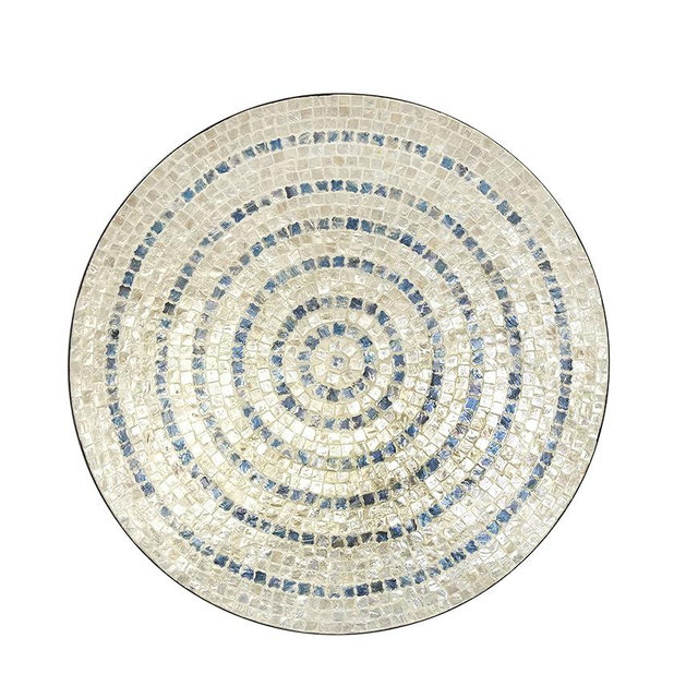 Deco 79 Mother of Pearl Shell Plate Handmade Home Wall Decor Mosaic Wall Sculpture with Blue Accents, Wall Art 27" x 4" x 27", Beige
